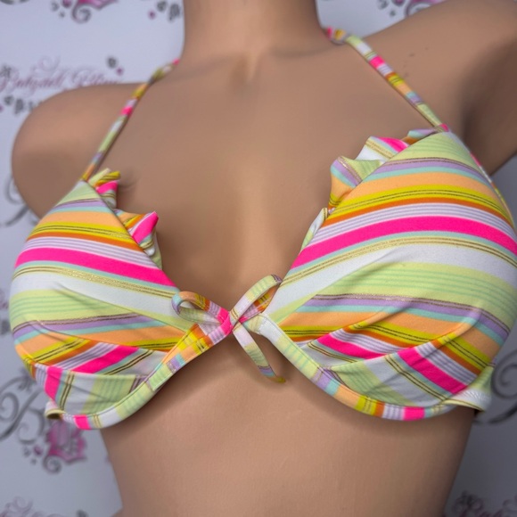 Victoria secret bikini top neon orange pink striped gold shimmer ruffle cupped - Picture 3 of 13